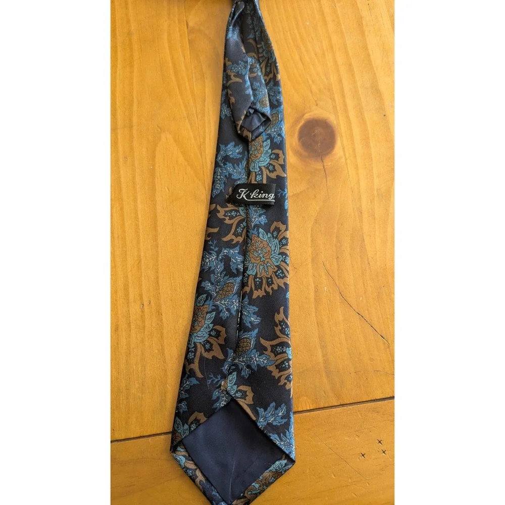 K King Vintage‎ Floral Paisley Silk Necktie Navy Blue Teal Bronze Men Accessory